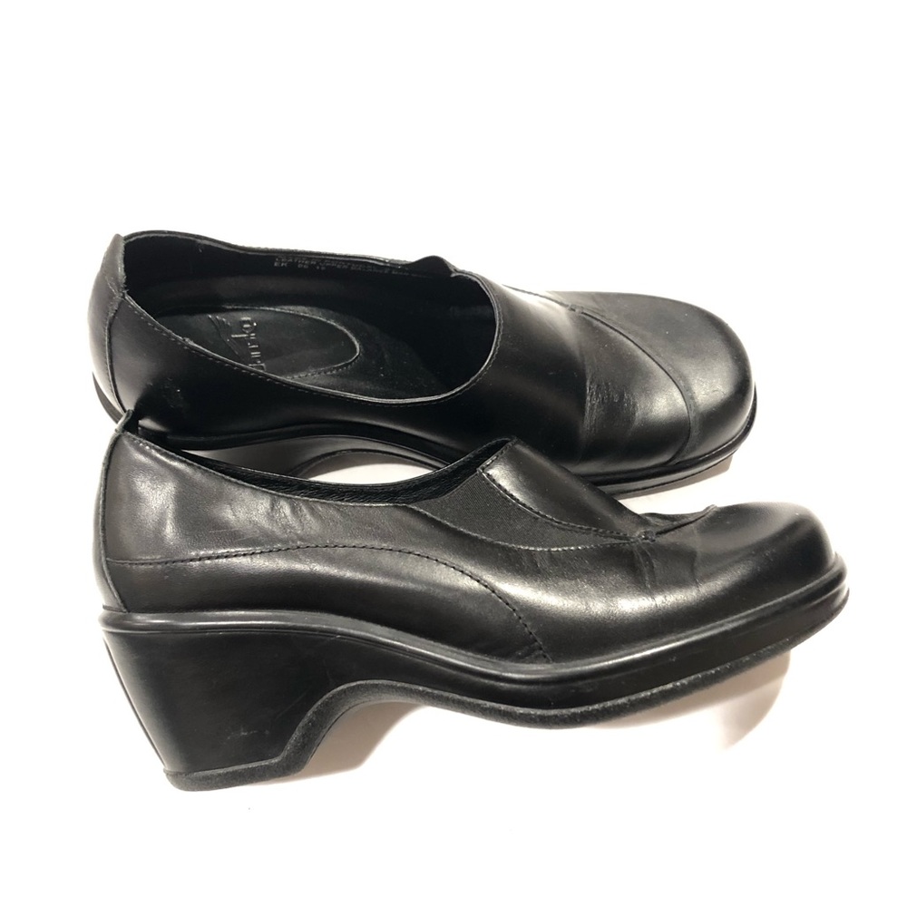 Dansko Black Leather Slip On Heels
